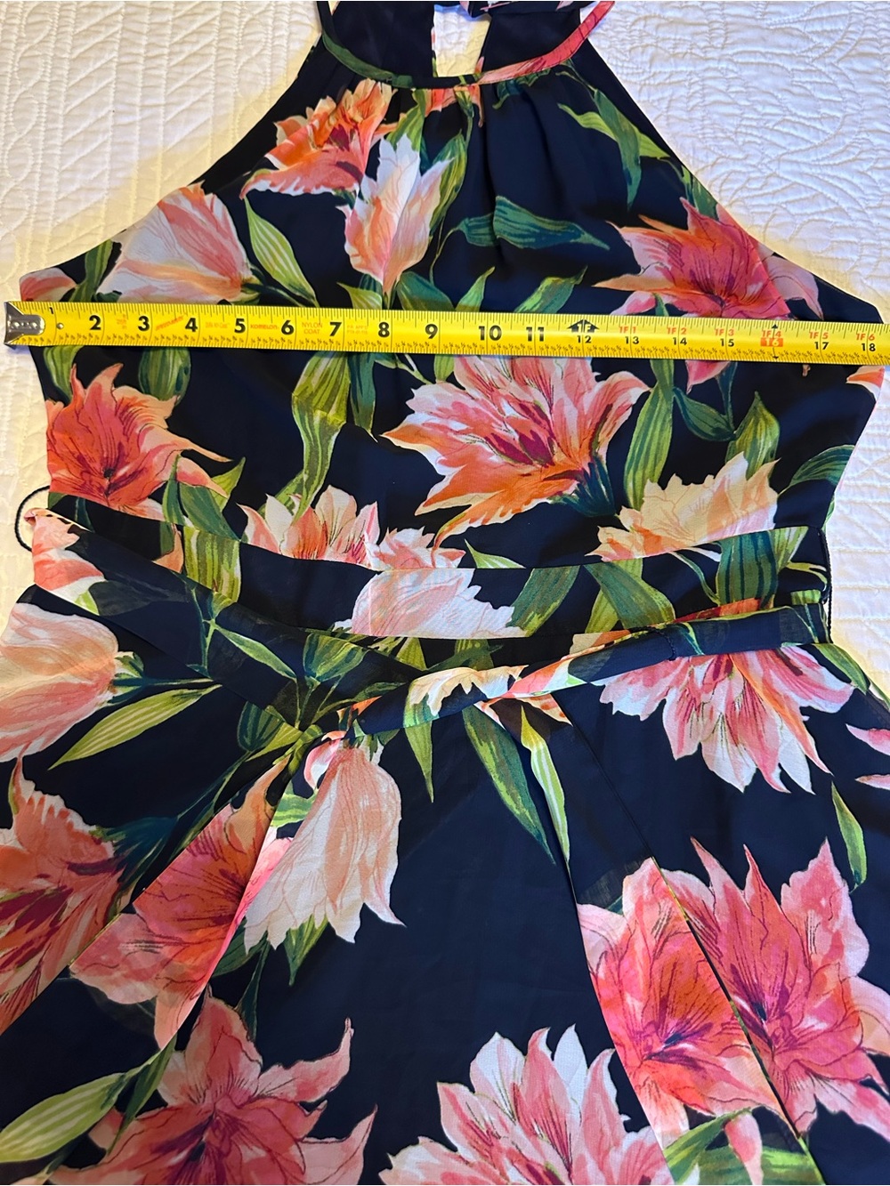 Eliza J Navy Blue Halter Floral handkerchief Dress in Coral and Green - Picture 6 of 12